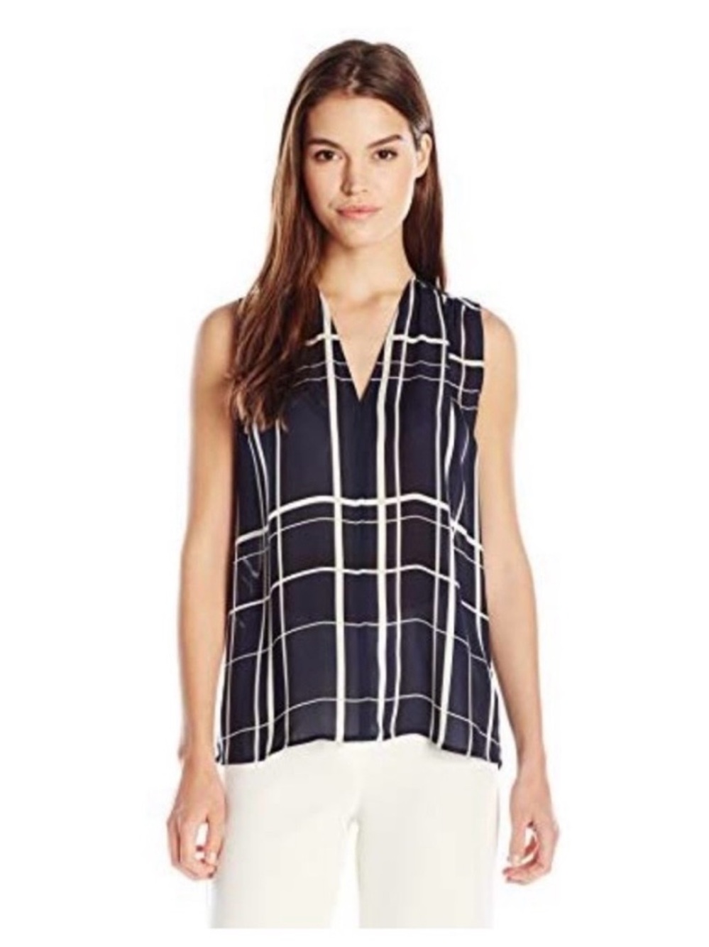 Vince 100% Silk Navy Black and White Windowpane V-Neck Sleeveless Tank